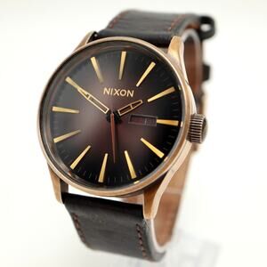 Nixon The Sentry Mens 42mm Day Date Watch Bronze Brown Black Leather New Battery